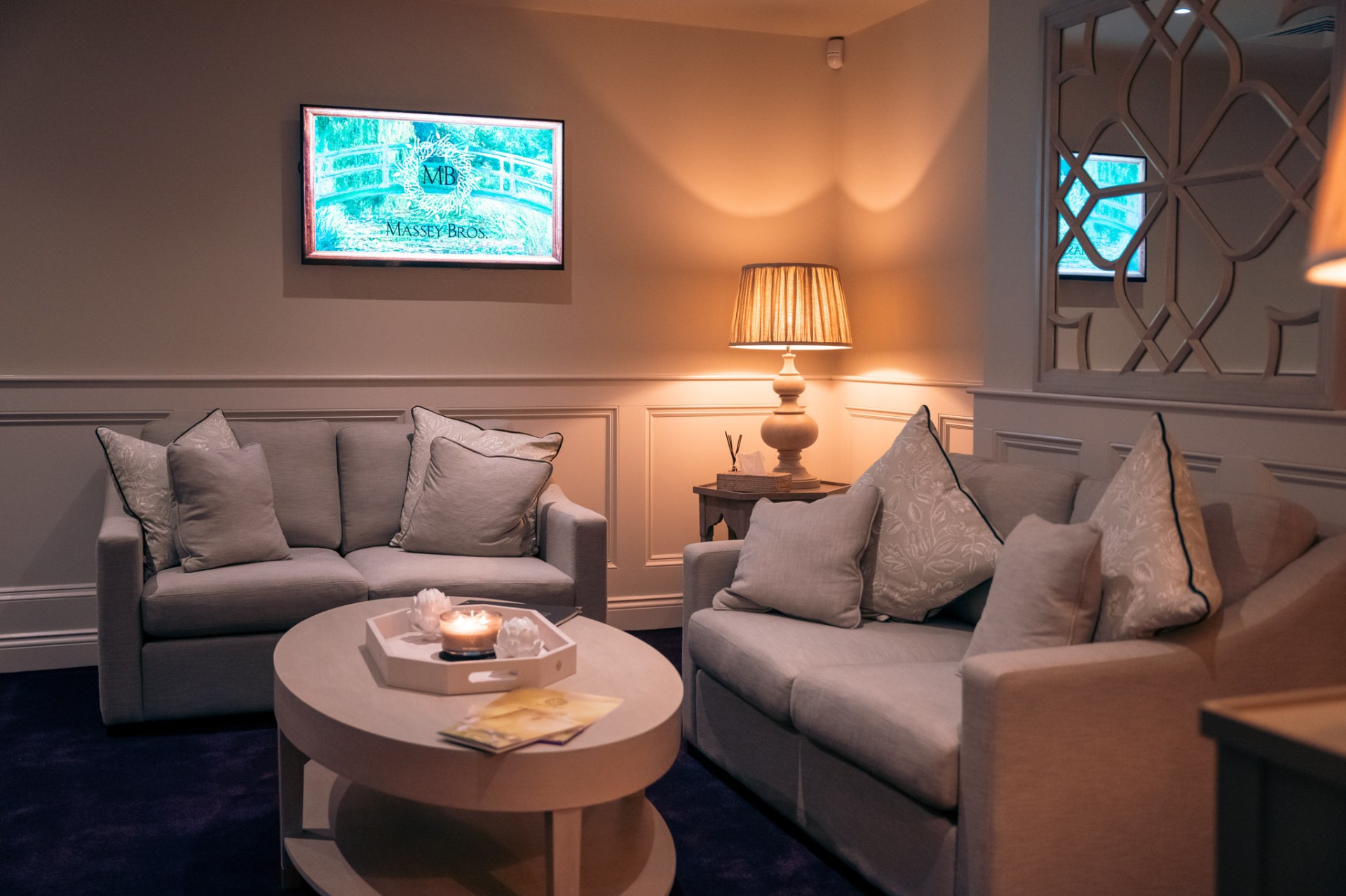 A calm, welcoming lounge area inside a Massey Bros. funeral home
